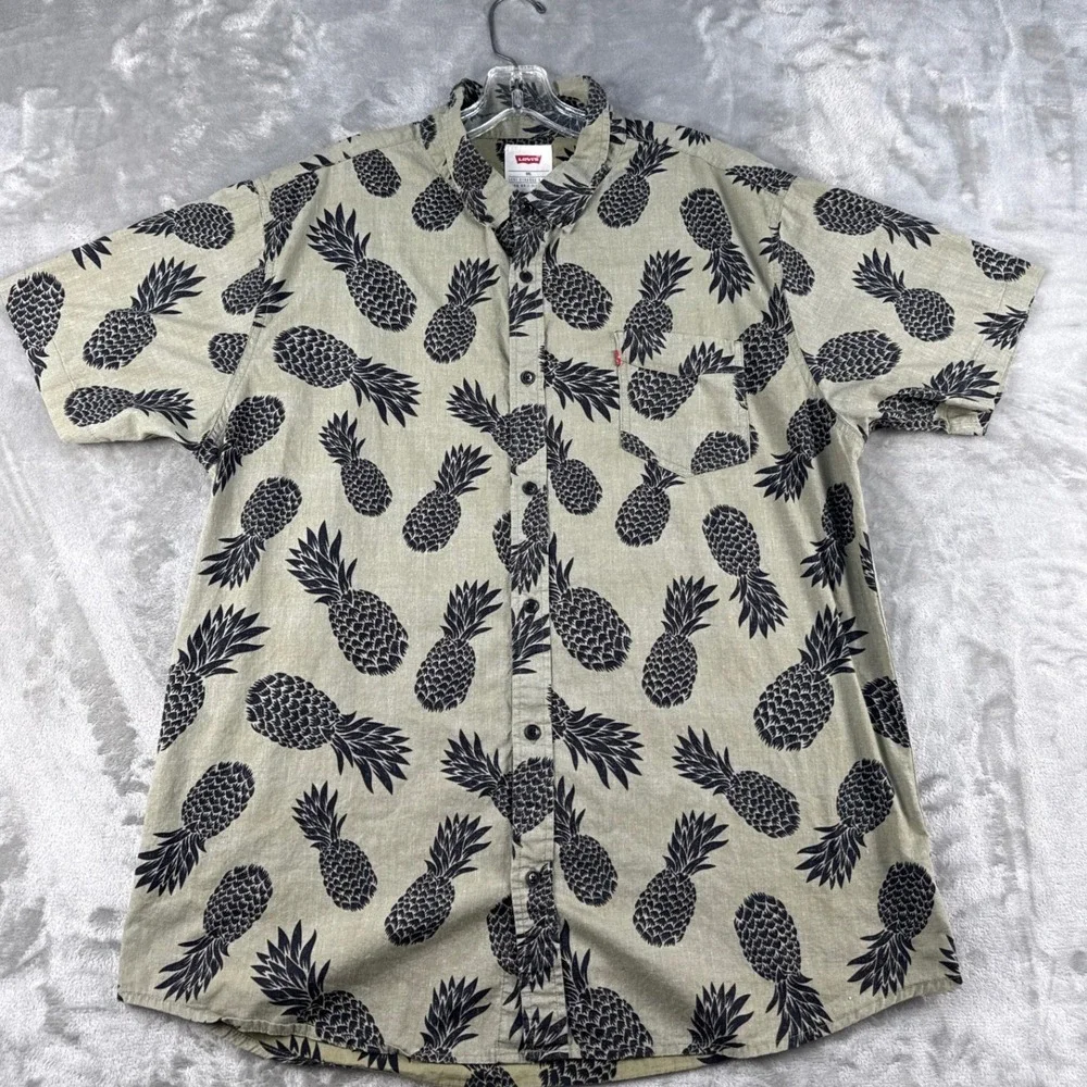 Levis Mens XXL Pineapple Print Short Sleeve Button Down Shirt Olive